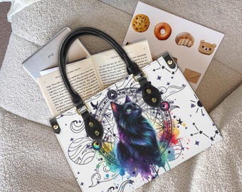 Mystical Black Cat Handbag – Celestial Witchy Tote with Magical Symbolism, gothic aesthetic bag, witchcore aesthetic bag, witchy fashion bag