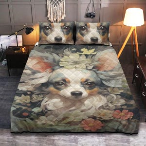 Chihuahua Quilt and Pillowcase Set – Cozy Chihuahua Lover Bedding with Floral Design, Chihuahua bedding set, Chihuahua Blanket set