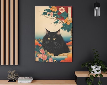 日本の墨絵猫の背中のキャンバスギフト - 黒 かわいい子猫好きへの