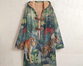 Tiger Print Fleece Coat, Wildlife Long Hooded Windbreaker Horn Buttons, Jungle Safari Warm Jacket, animal print warm coat, Tiger cardigan
