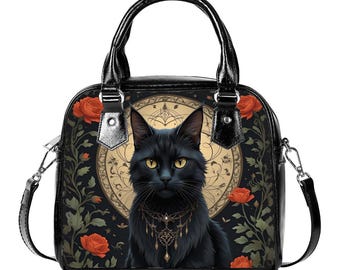 Mystical Black Cat Handbag with Removable Shoulder Strap, Gothic Rose Moon Witchy Purse, Black Cat PU Leather Bag, Black Cat Familiar Bag