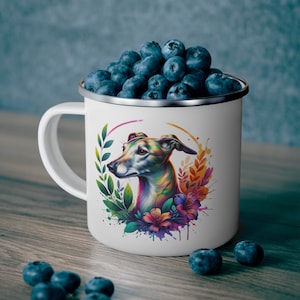 Watercolor Greyhound mug, Floral Whippet Enamel Camping Mug, cottagecore aesthetic coffee mug, Greyhound tea cup, flowers Greyhound mug