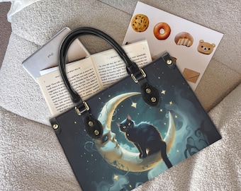 Mystical Black Cat Moon Handbag, Celestial PU Leather Tote Purse, Cat Gothic Witchy Style handbag, dark feminine purse, faux leather cat bag