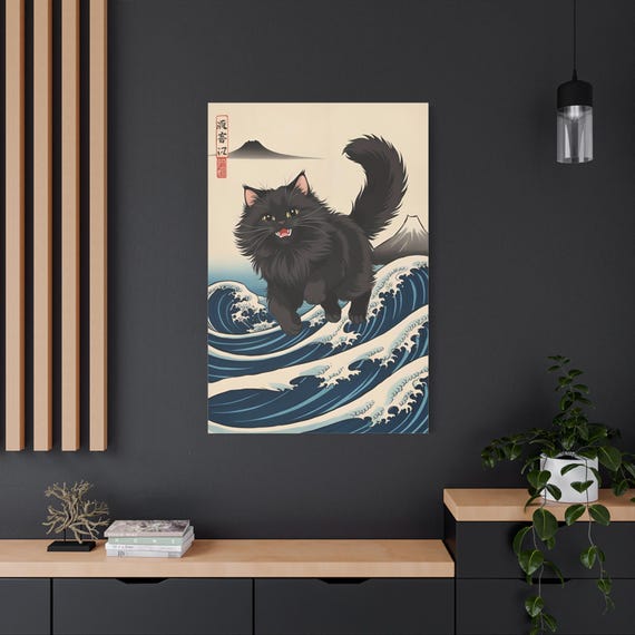 日本の波のキャンバスアート、黒猫の壁飾り、黒猫好きへのギフト、和風