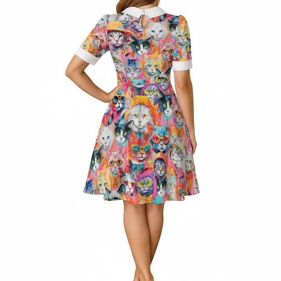 cute hipster dresses Cat Peter Pan Collar Dress, Pop Art Cat A-line Dress, Groovy Kitten Puff Sleeve Mod Dress, Retro Vintage Inspired Skater Dress Women's size:18W Beige Floral Midi Dress collection: womens_clothing Preppy Hand washing and line