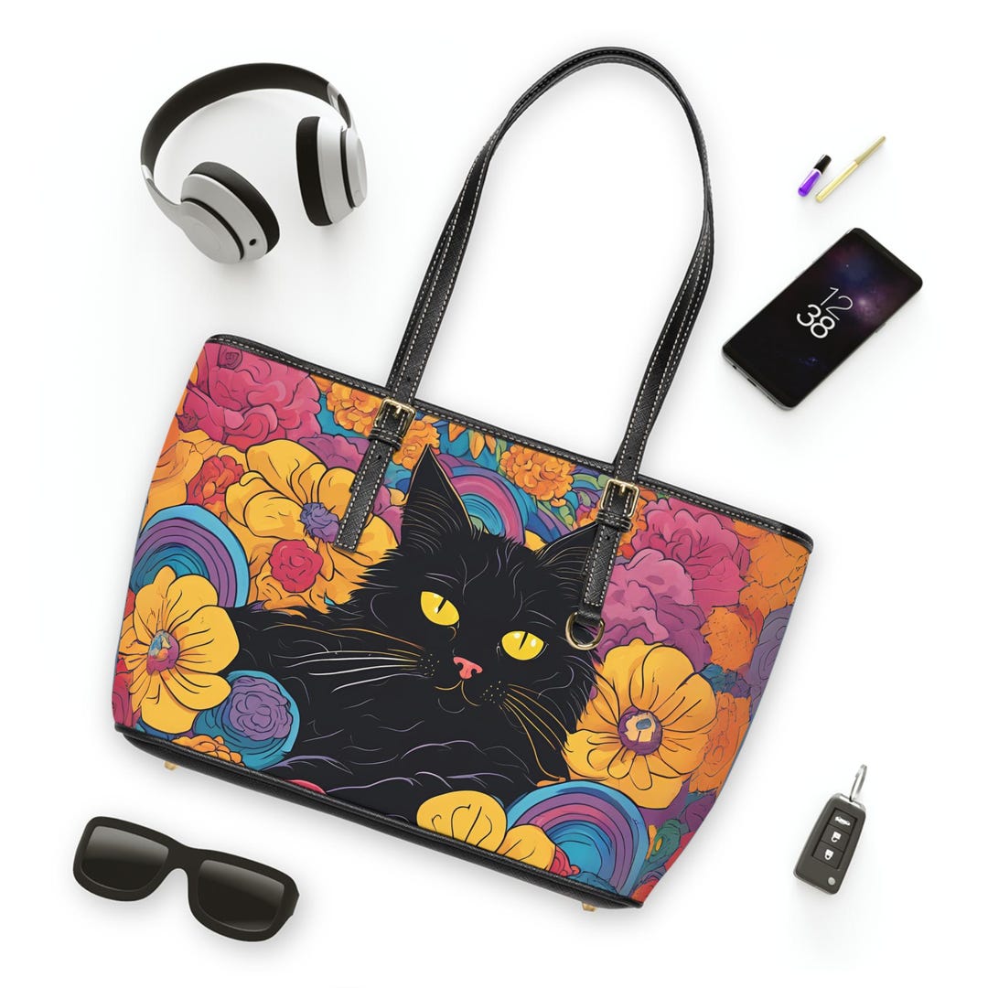 Floral Black Cat KissLock Bag