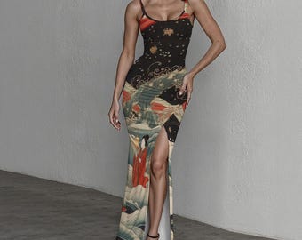 Ink Wash Geisha Maxi Dress, Japanese Art Inspired Long Dress with Slit, Elegant East Asian Landscape Gown, Artistic Formal Party Dress