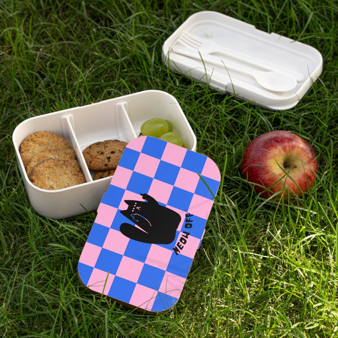 Checkered Funny Cat Bento Lunch Box, Black Cat Middle Finger Lunch Box