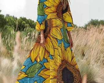 long sleeve sunflower dress Sunflower Long Sleeve Maxi Dress for Women, High Waist Flowy A-Line Dress, Boho Floral Autumn Dress, Elegant Casual Nature Inspired Outfit