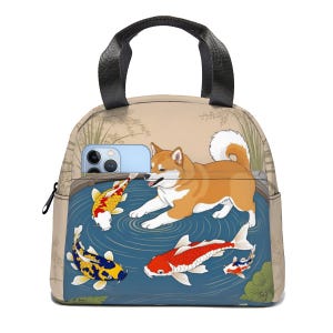 Shiba Inu & Koi Pond Insulated Lunch Tote | Japanese Art Style Waterproof Thermal Bag | Cute Shiba Bento Bag for Work, School, or Picnics