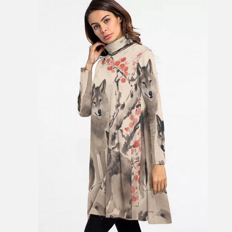 Vestido de cuello alto estilo Ukiyo-e con estampado de lobos, vestido de manga larga para otoño e invierno, ropa artística de inspiración japonesa, vestido espiritual con estampado de lobos. imagen 3