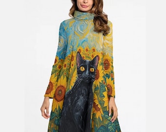 Zonnebloem zwarte kat hoge hals jurk met lange mouw, zonnebloem zwarte kat coltrui jurk, jurk schattige kat, kat Van Gogh geïnspireerde kunstjurk