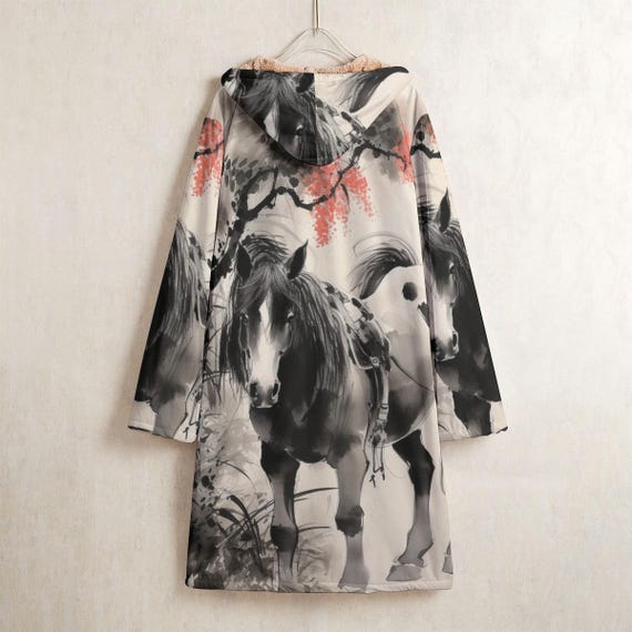 Ukiyo E Horse Print Long Coat, Horse Fleece Lined Hooded Overcoat