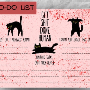 Sarcastic black cat to do list, motivational cat to do list, printable, Digital product, humorous stationery, Funny Checklist, Daily Planner
