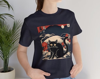 Black cat Ukiyo-e style T-shirt, Funny Black cat the great wave japanese art Short Sleeve Tee, Oriental shirt, cat japan-themed painting tee