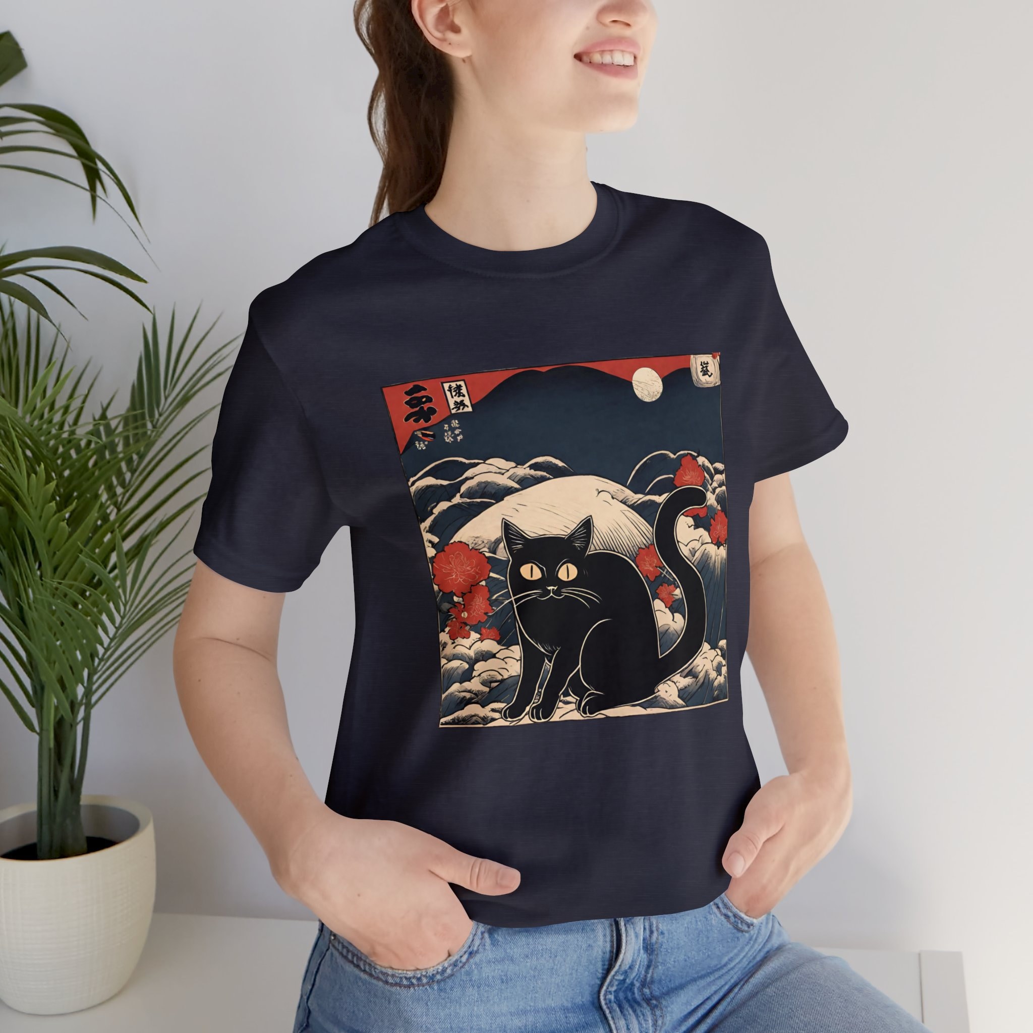 Black Cat Ukiyo-e Style T-shirt, Funny Black Cat the Great Wave 