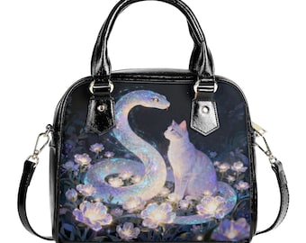 Luminous Serpent Cat Shoulder Handbag, Ethereal Snake and Cat Satchel, Mystical Garden PU Leather Purse, Cat Fantasy Enchanted Crossbody Bag