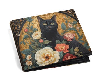 Art Nouveau Black Cat Wallet, Vintage Floral Cat Wallet, Art Deco Botanical Wallet for Cat Lovers, Ornate Garden PU Leather Card Holder