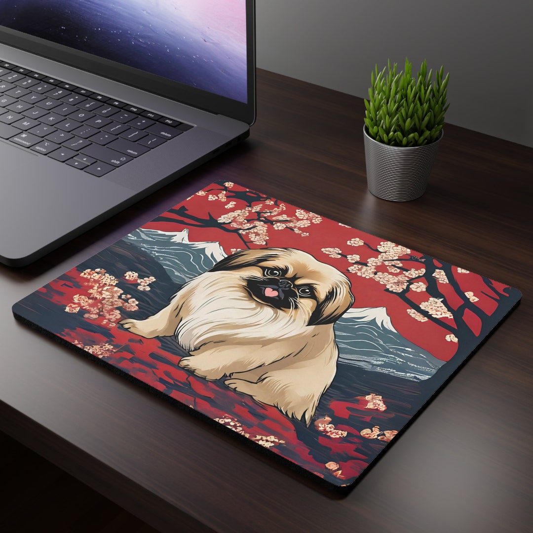 Pekingese Japanese Art Mouse Pad, Ukiyoe Style Pekingese Desk Mat