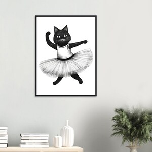 Schwarze Katze Ballett Kunst Premium Mattes Papier Holz gerahmt Poster, lustige Katze Ballerina Wandkunst, Vintage schwarze Katze Bleistift Malerei Poster