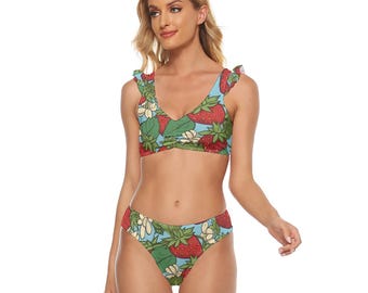 Cute Strawberry Ruffle Bikini Set, Strawberry Garden Two Piece Swimsuit, Cottagecore V-Neck Fruit Swimwear, Botanical Strawberry swimwear