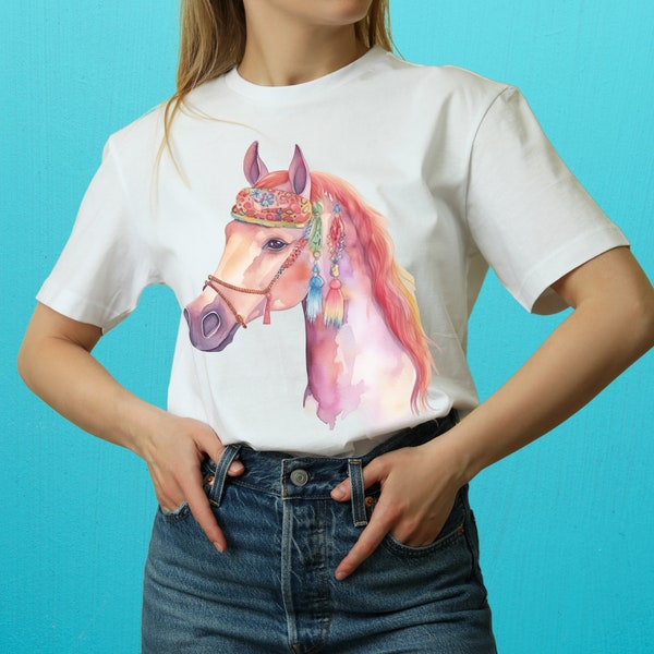 Whimsical Horse T-shirt, Cute watercolor horse T-Shirt, pink horse gifts, Floral Equestrian Horse Riding cottagecore shirt, Horseback Tshirt