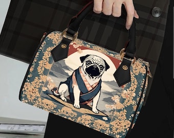 Japan Pug Boston Bag, Japanese Art Handbag, Cute Pug Shoulder Purse, Pug Small PU Leather Crossbody Bag, Pug Satchel with Removable Strap