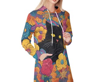 Boho Black Cat Hoodie Dress – Women's Floral Oversized Hoodie Dress, Cozy Sweatshirt Dress, Cute black cat dress, Oversized Sweatshirt Dress