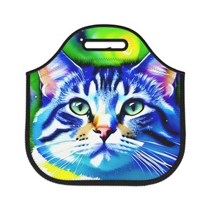 Colorful cat graphic Neoprene Lunch Bag, Rainbow cat picnic bag, Unique picnic bag, Whimsical cat lunch bag, Cat accessories, cat lover gift