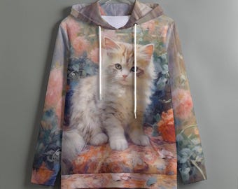 Aesthetic Cat Hoodie, Cottagecore Kitten Sweatshirt, Floral Cat Lover Hoodie, Cat Pastel Art Pullover, Cute Cat Hoodie, Whimsical Cat Hoodie