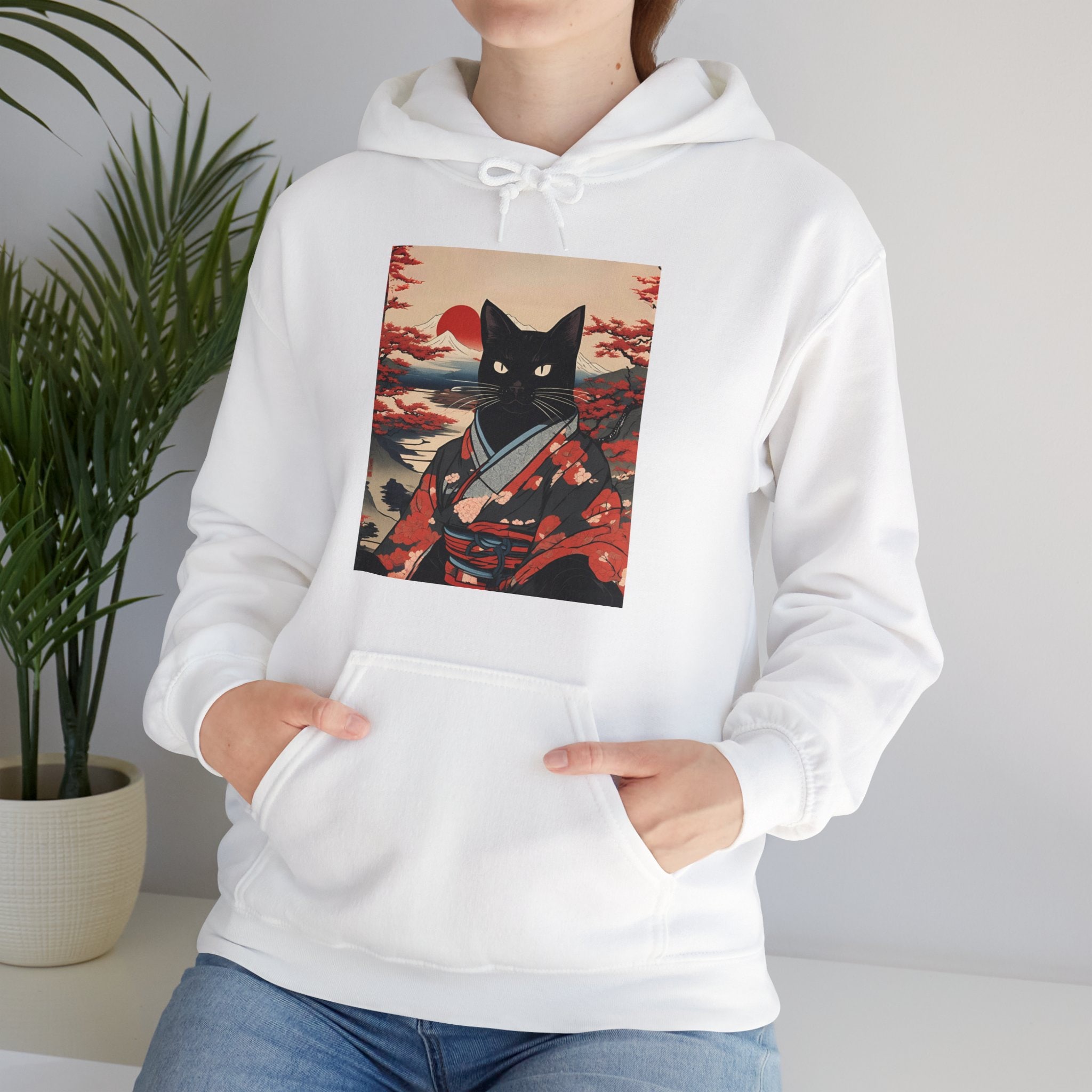 Japanese Black Cat Hooded Sweatshirt, Ukiyo-e Style Hoodie
