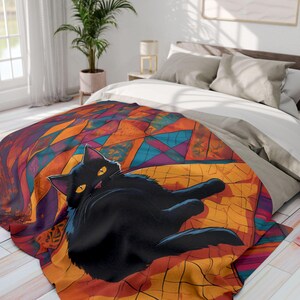 Black Cat Arctic Fleece Blanket, Black Cat Blanket, Stylish Cat-Inspired Interior Design, Stained Glass Aesthetic Bedding, black cat gifts