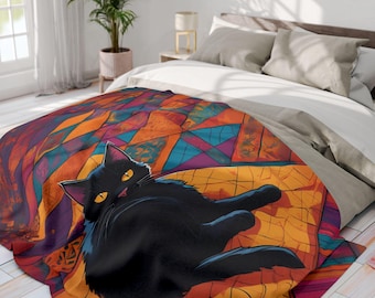 Black Cat Arctic Fleece Blanket, Black Cat Blanket, Stylish Cat-Inspired Interior Design, Stained Glass Aesthetic Bedding, black cat gifts