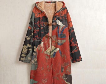 Geisha Art Fleece Lined Hooded Coat, Japanese Kimono Windbreaker, Oriental coat, Japanese winter coat, Maiko Hooded Coat, Edo Japan coat