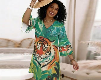 Tropical Bengal Tiger Ruffle Sleeve Dress, Jungle Botanical V-Neck Mini, Exotic Wild Cat Dress, Safari Vacation Outfit, Bengal Tiger Dress