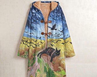 Van Gogh Wheatfield with Crows Black Cat Fleece Windbreaker Coat, Black Cat Impressionist Fine Art Long Hooded Coat, Whimsical Cat Jacket