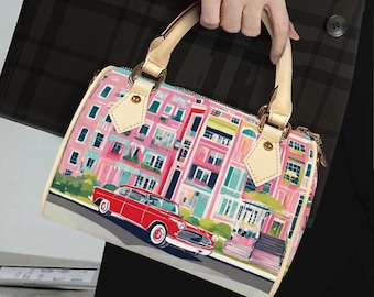 Vintage Havana Boston Bag, Retro Satchel, Pastel Pink Cityscape Handbag, Cute Retro Pillow Purse, Classic Barrel-Shaped PU Leather Handbag