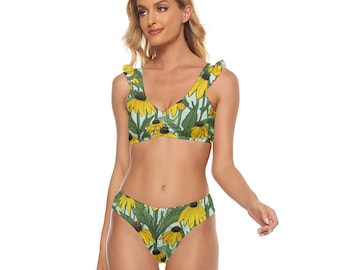 Yellow Coneflower Ruffle Bikini Set, Botanical Two-Piece Swimsuit, Cute Cottagecore V-Neck Sunflower Swimwear, Wildflower Floral Swimsuit