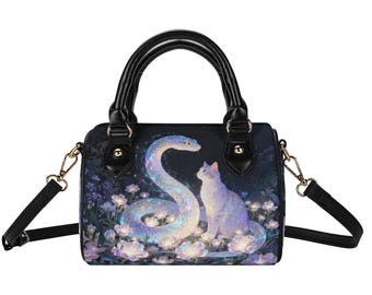 Serpent Cat Barrel Bag, Ethereal Snake and Cat Boston Handbag, Mystical Celestial Satchel, Fantasy Art Shoulder Bag, Whimsical Crossbody Bag