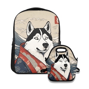 Ensemble sac à dos et sac à lunch Husky drôle en kimono | Matériel scolaire pour enfants inspiré de l'art japonais | Sac à lunch élégant et durable isolé Husky