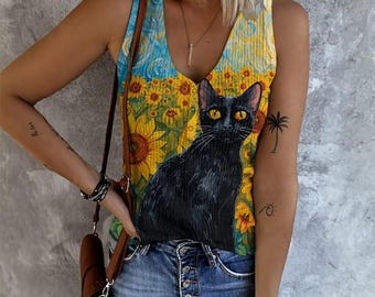 Van Gogh Inspired Black Cat Vest, Sunflower Black Cat Tank Top, Artistic Ribbed Button Camisole, Black Cat Camisole, Cute Cat ribbed top