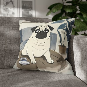 Acogedora funda de almohada Pug Square, funda de almohada decorativa de arte Cute Mops, funda de cojín Mops estilo Ukiyo-e, decoración de la habitación de decoración del hogar de arte japonés Pug