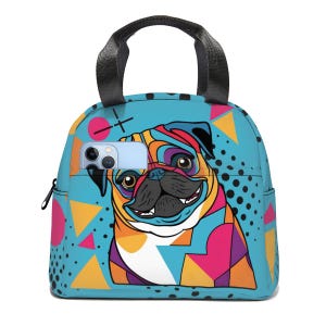 Pop Art Pug Lunch Bag | Colorful Pug Lunch Bag | Funky Geometric Pug Lunch Tote | Mops Insulated Waterproof Picnic Tote | Cute Pug Gifts