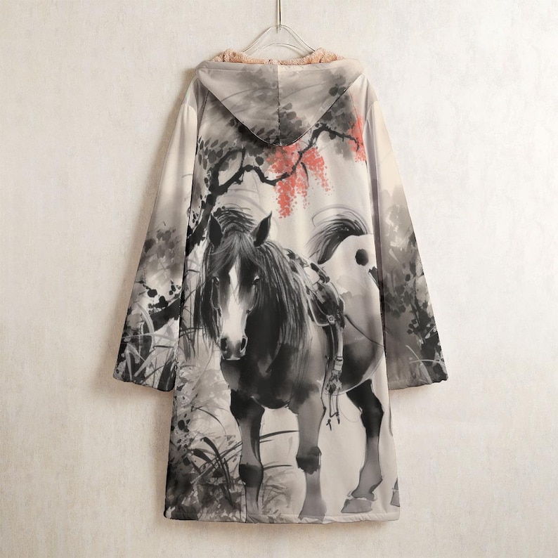 Ink Wash Horse Fleece Coat, Horse Long Windbreaker Coat, Equine Art Jacket, Art Horse Horn Button Sherpa Lined Jacket, Equestrian Outerwear image 2