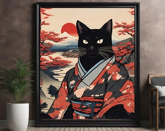Japanese black cat portrait poster, Ukiyo-e style wall art, black cat gifts, Black cat kimono wall art japan themed print oriental art print
