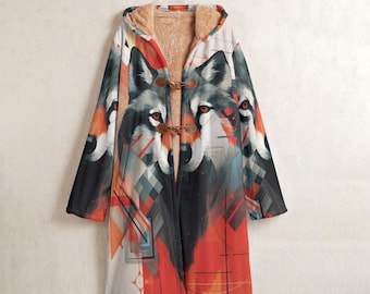 Geometric Wolf Spirit Fleece Windbreaker, Wolf Horn Button Long Hooded Coat, Abstract Wolf Art Jacket, Spirit Wolf Fuzzy Lined Winter Parka