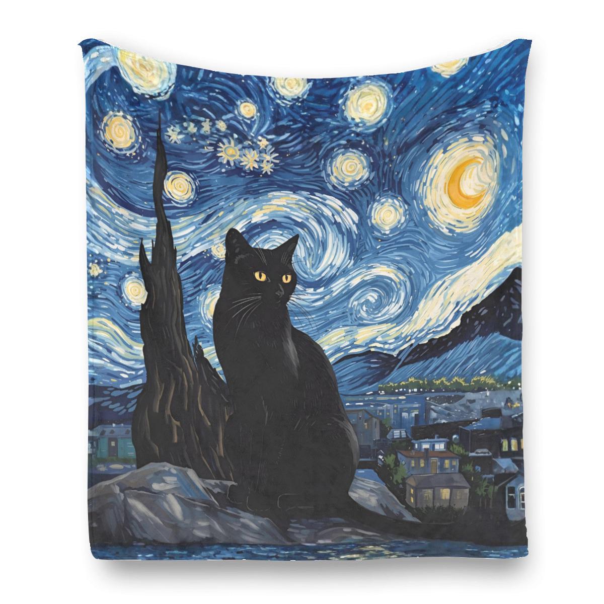 ゴッホの星月夜黒猫ブランケット、星月夜フリースフランネルスロー