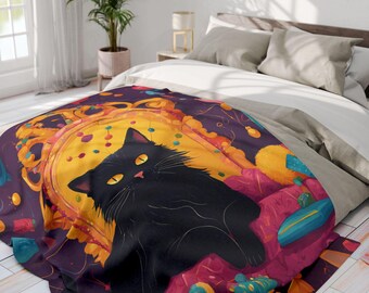 Majestic Black Cat Fleece Blanket, Cat Arctic Fleece Blanket, Black Cat Blanket, Cozy Fleece Blanket, Luxury Home Decor, Cat Royalty Blanket