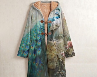 Nature Scene Peacock Fleece Windbreaker, Peacock Horn Button Long Hooded Coat, Bird Landscape Art Jacket, Fuzzy Lined Peacock Winter Coat