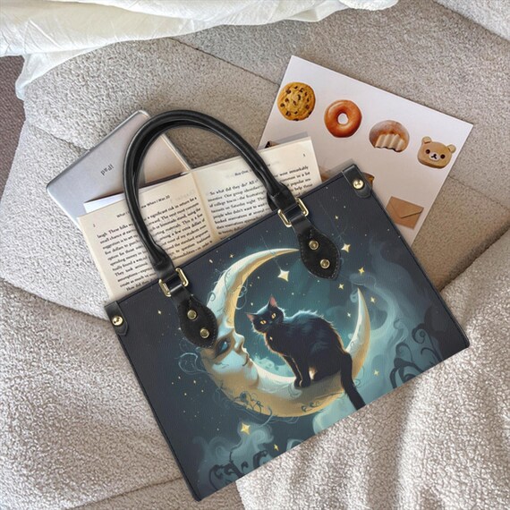 Mystical Moon Black Cat Tote Bag – Celestial Cat PU Leather  display picture 1